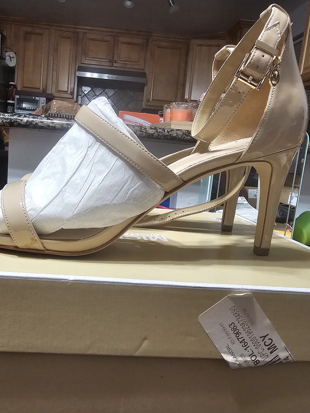 Michael Kors Beige Patent Ankle-Strap Mid Heel Sandals